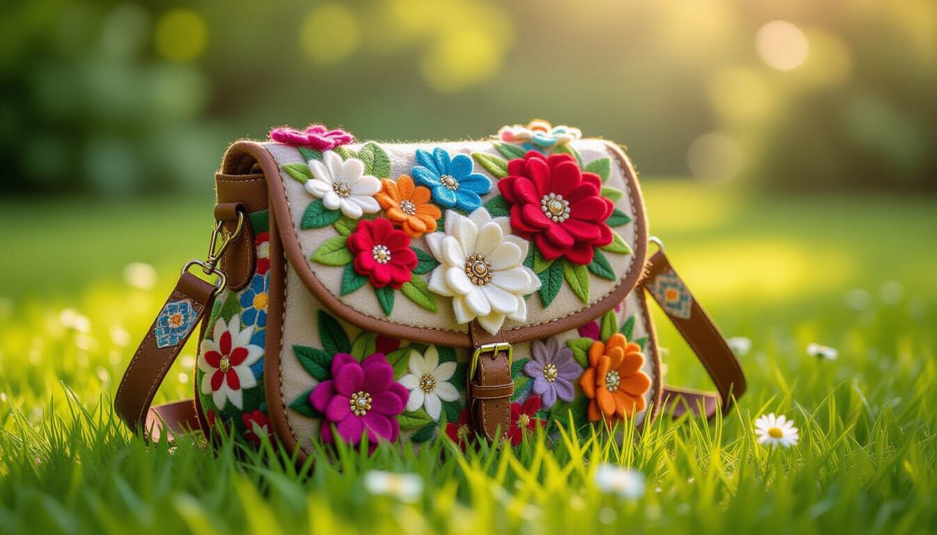 Boho Bag with Felt Flowers in Folk Art Style