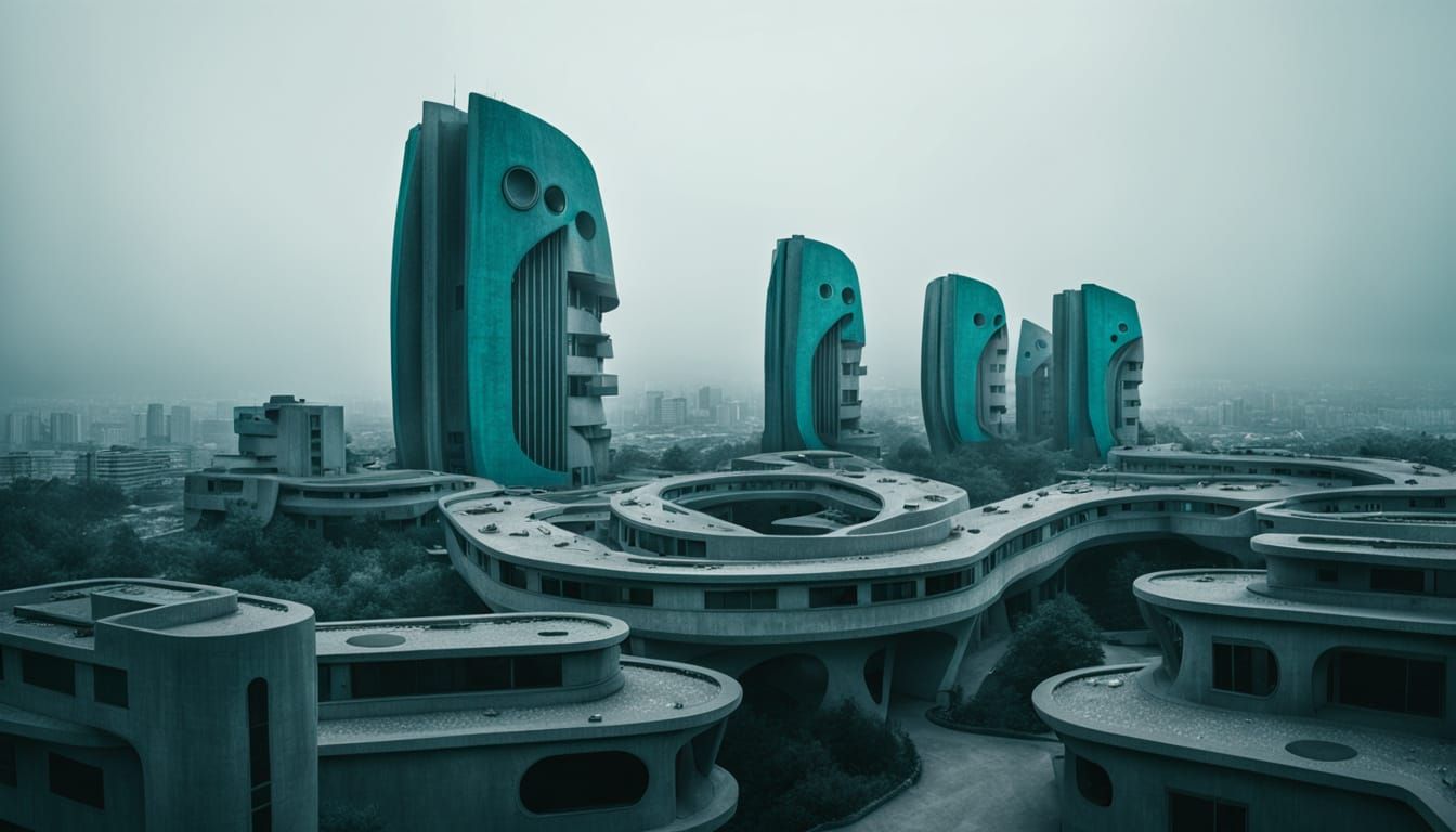 Ethereal Brutalist Cityscape Under Celestial Light