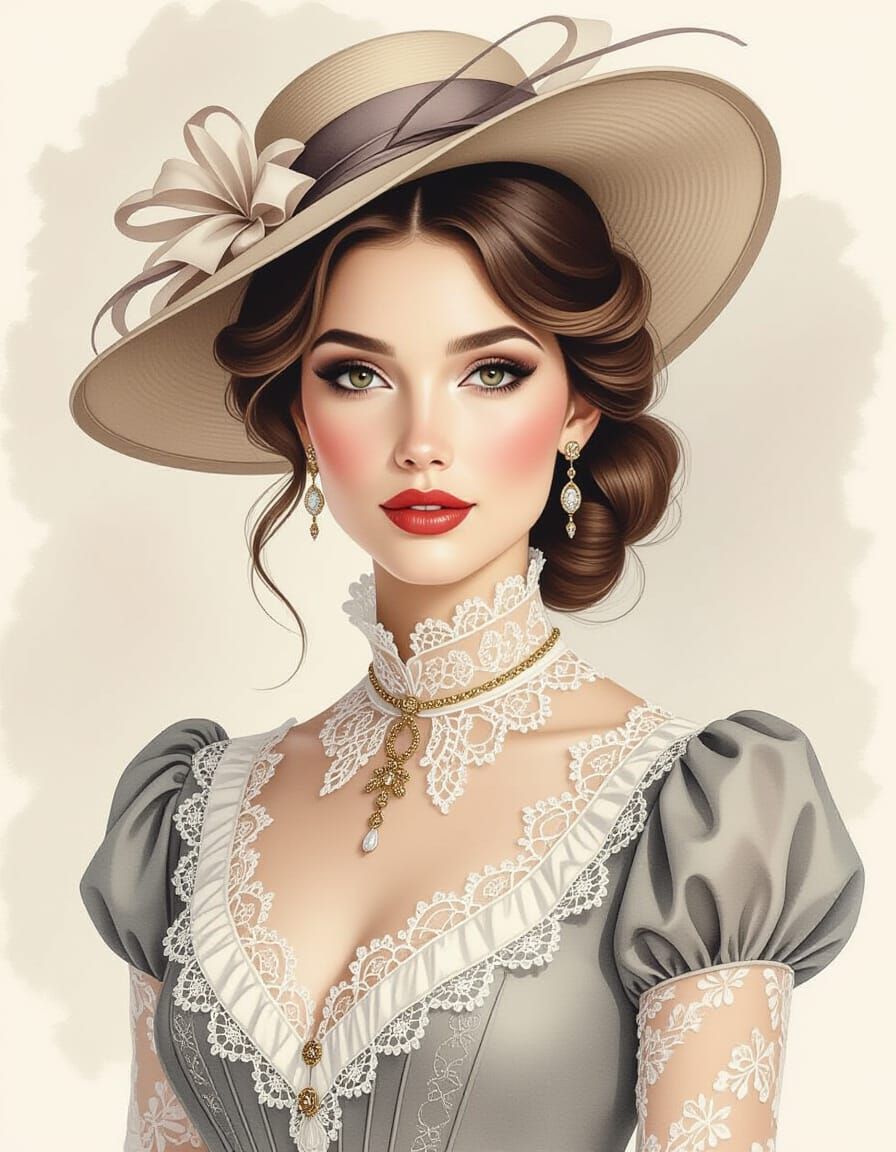 Elegant Brunette in Victorian Dress: Watercolor Style