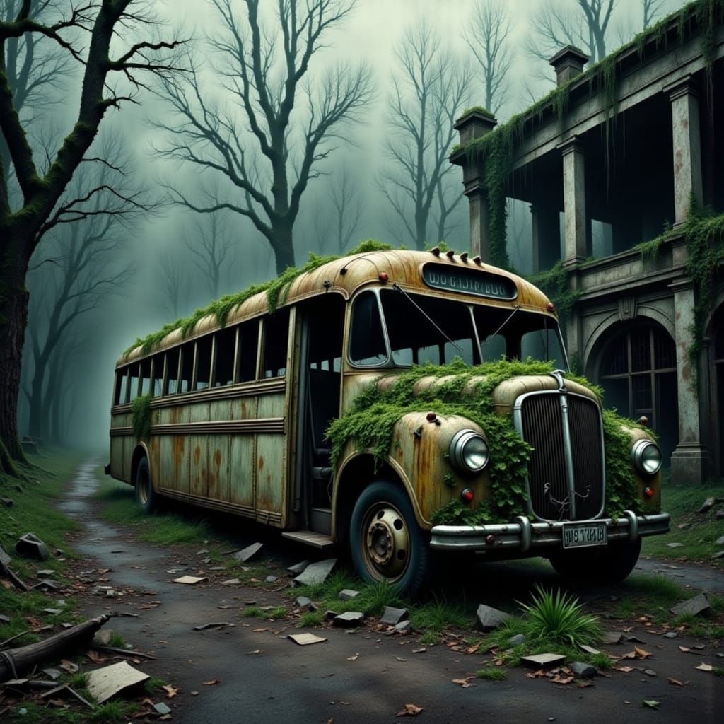Abandoned Bus in Overgrown Post-Apocalyptic World