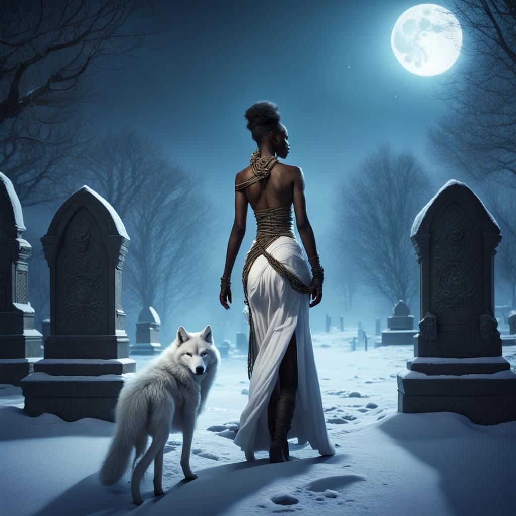 African goddess walking through graveyard in the moonlight with a white wolf in the snow