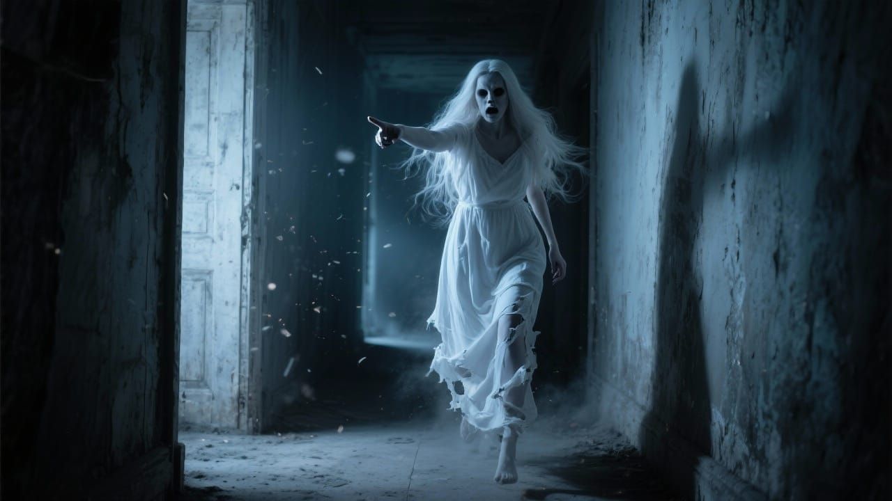 Angry Ghost Woman in Dusty Hallway