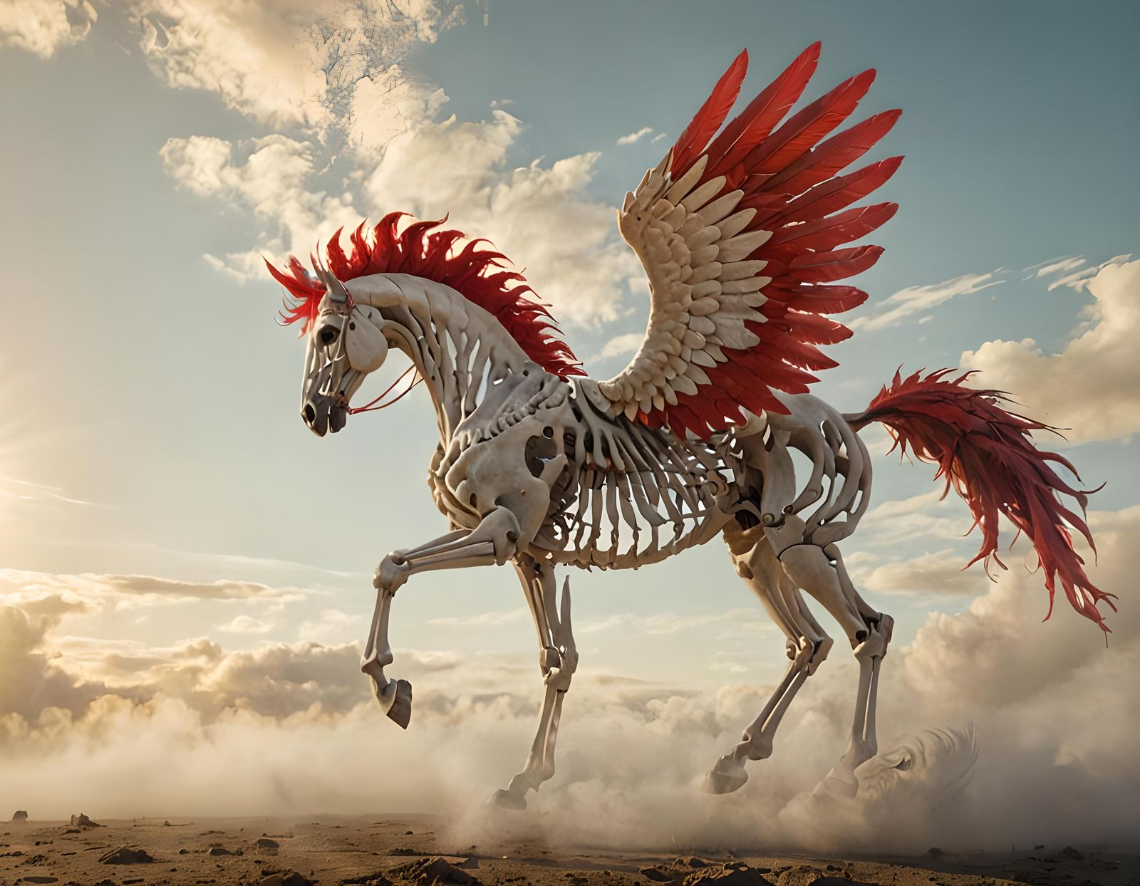 Surreal Skeletal Pegasus with Red Feathers