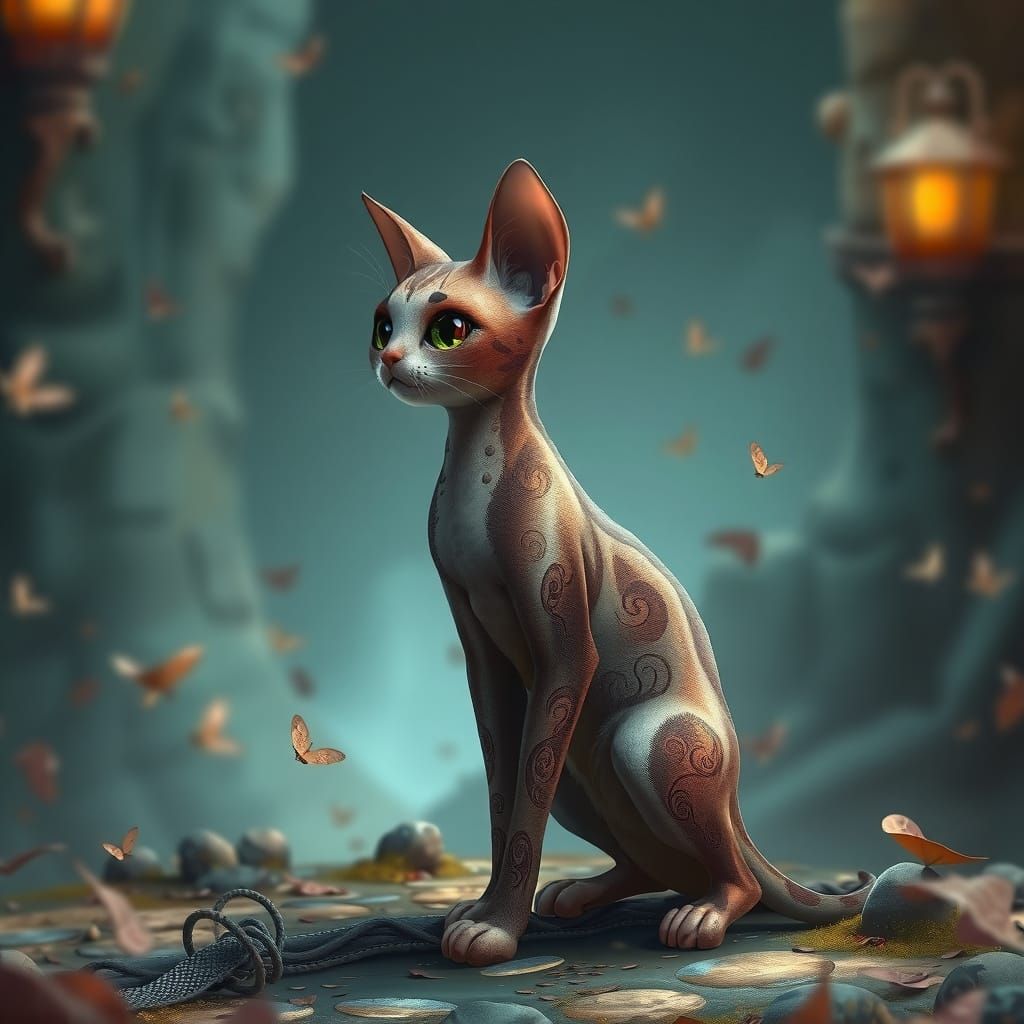 Freckled Feline in Whimsical Fantasy Scene