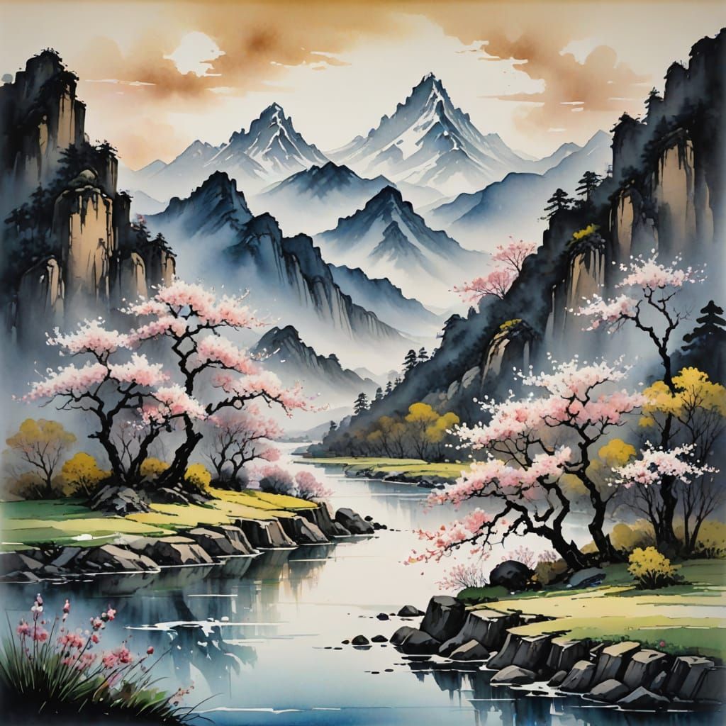 Blossoming Landscape in Chinese Ink Painting Style