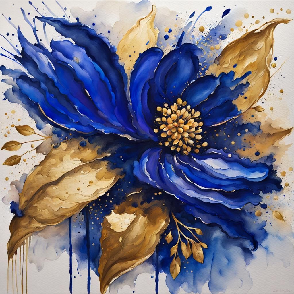 Royal Blue Flower with Gold Accents in Gouache