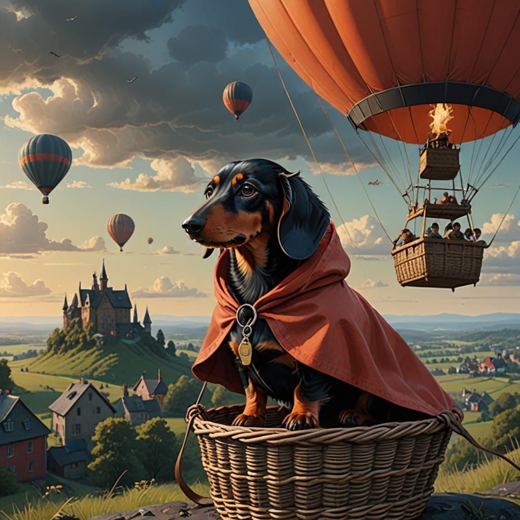 Dachshund Adventurer Soars in Hot Air Balloon over Cloudy Sk...