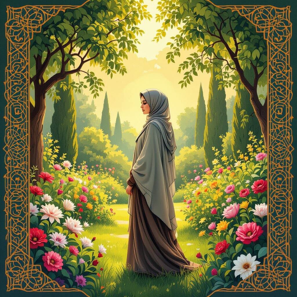 Serene Muslim Woman in Garden with Golden Light