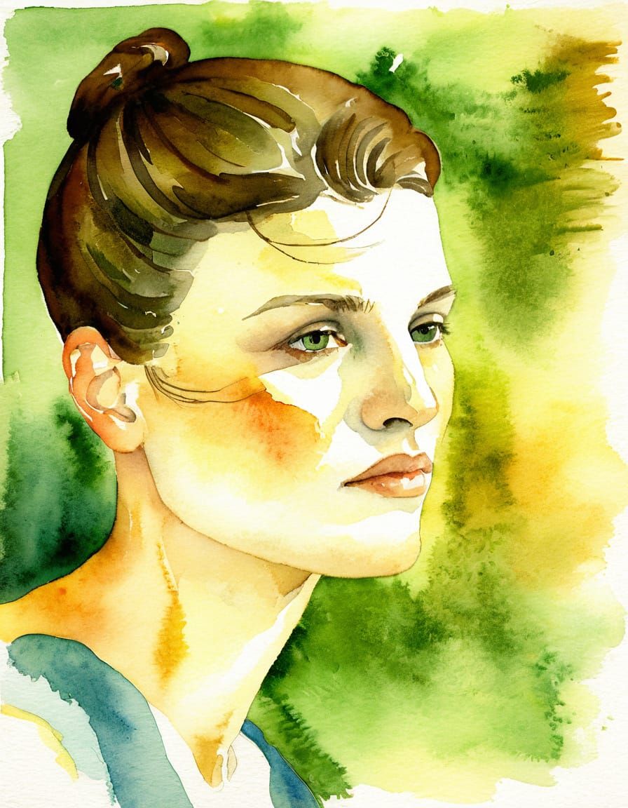 Watercolor Portrait of a Woman in a Cozy Library