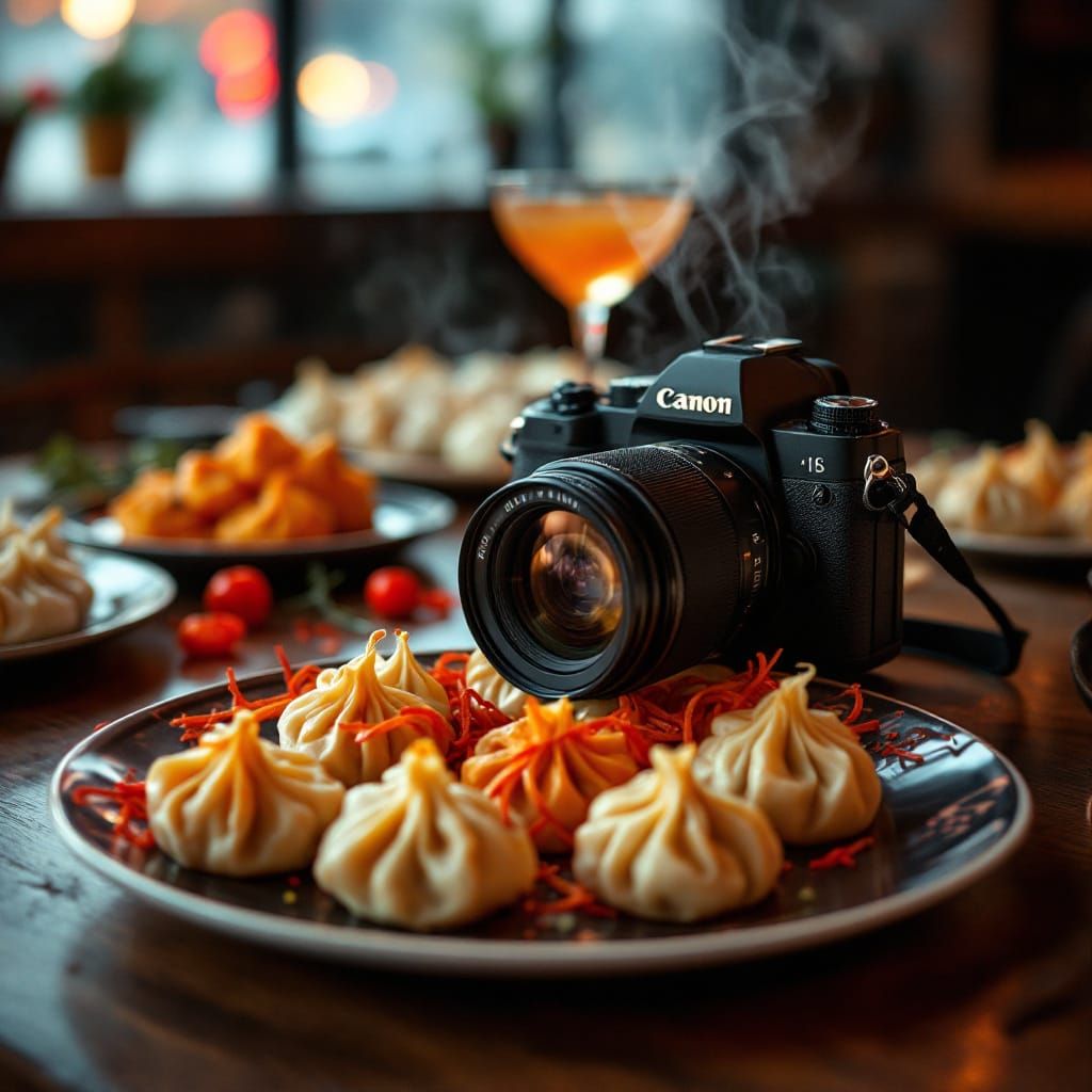Canon Camera and Chinese Dumplings, Cinematic Still