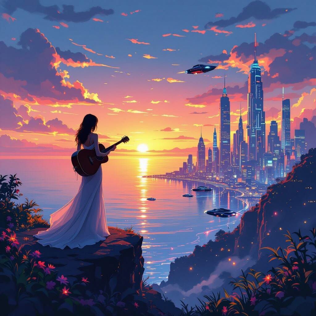AI Art: Vibrant Woman, Musician, Cityscape, Creature