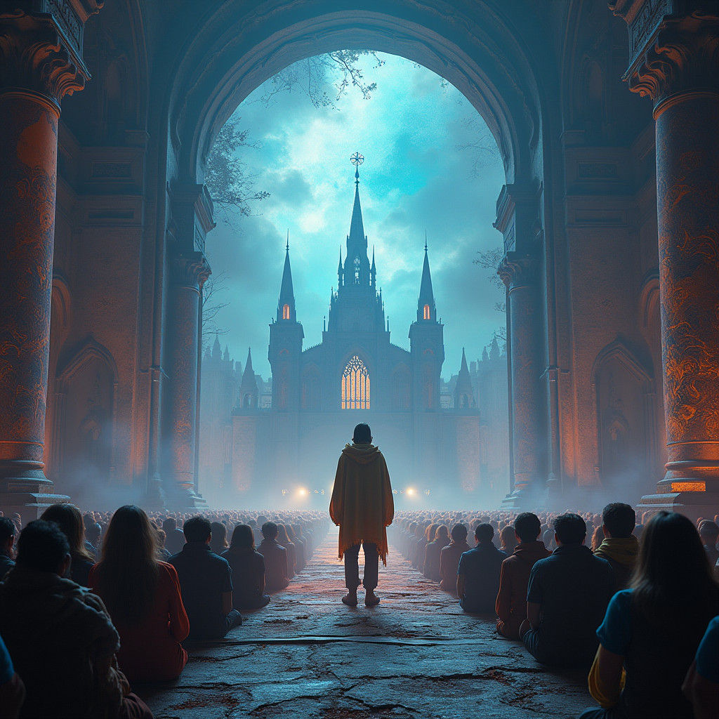 Mystical Performer on Stage in Dreamlike Cityscape