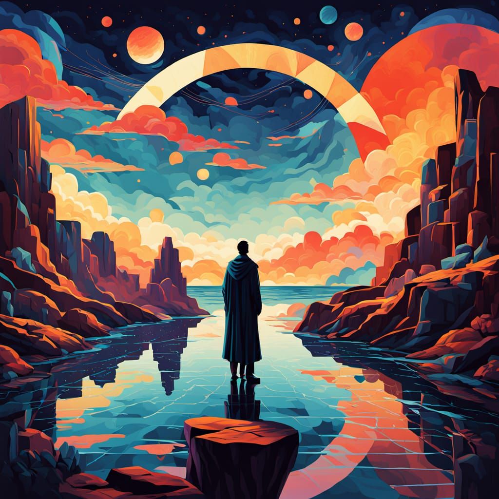 Mythic Figures Under Starlit Sky in Cubist Style