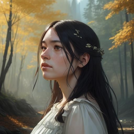 Sad Woman in Autumn Landscape: Hyperdetailed Portrait