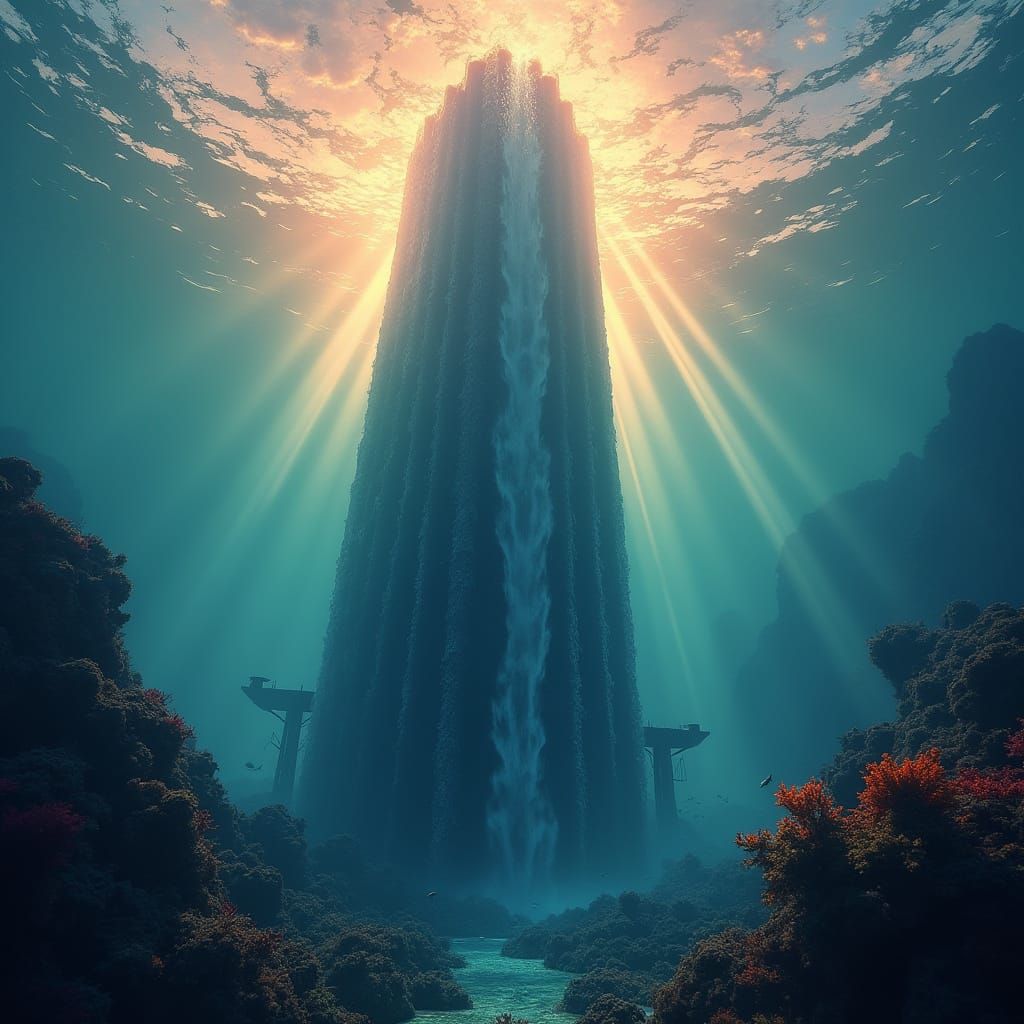 Underwater Skyscraper Waterfall at Sunset