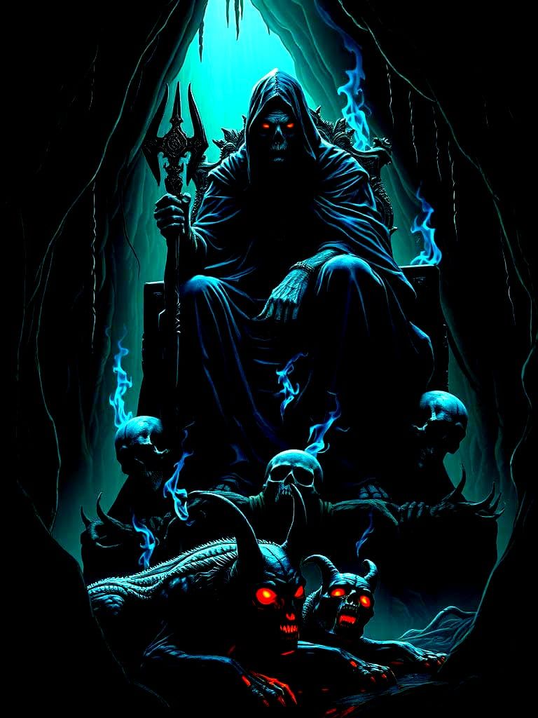 God of the Underworld Sits on Black Obsidian Throne