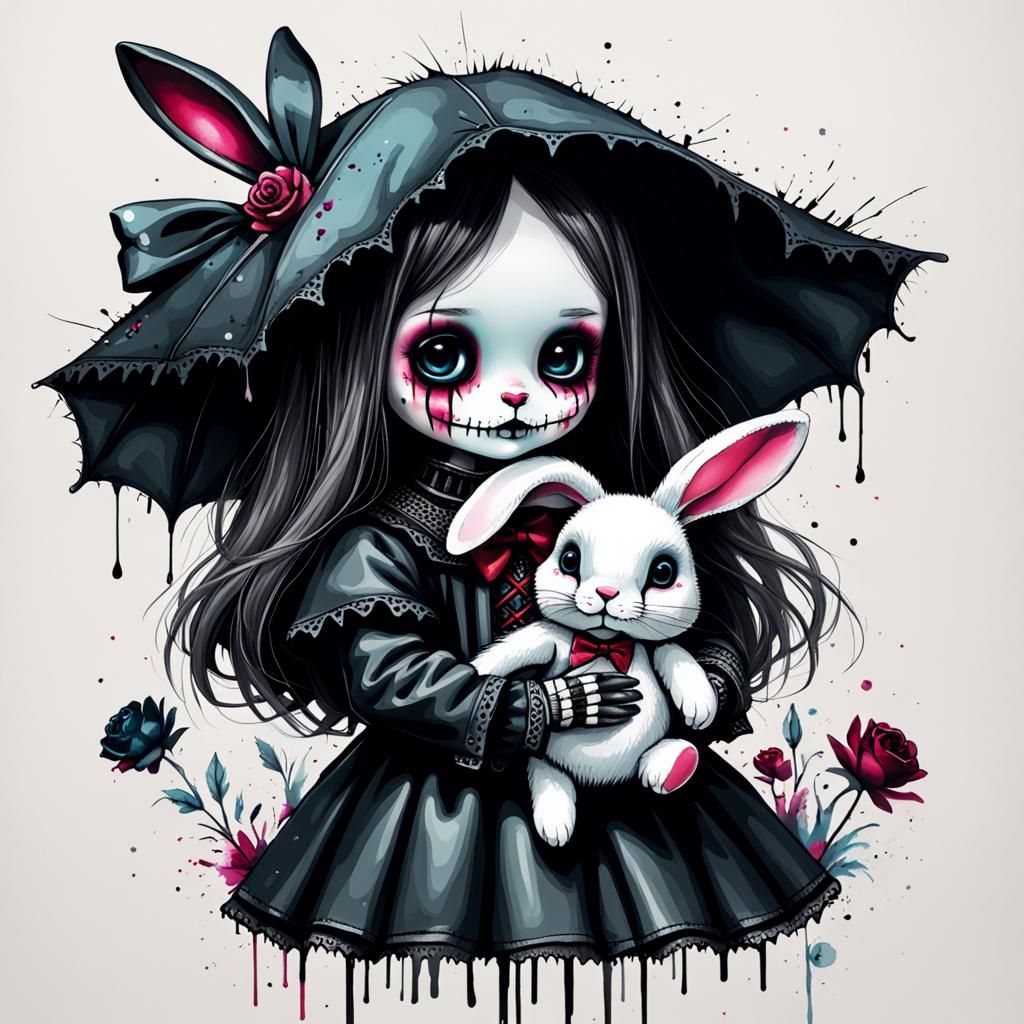 Macabre Gothic Doll with Rabbit Illustration