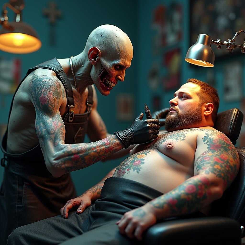 Zombie Tattoo Artist in Modern Studio Tattooing a Colorful C...
