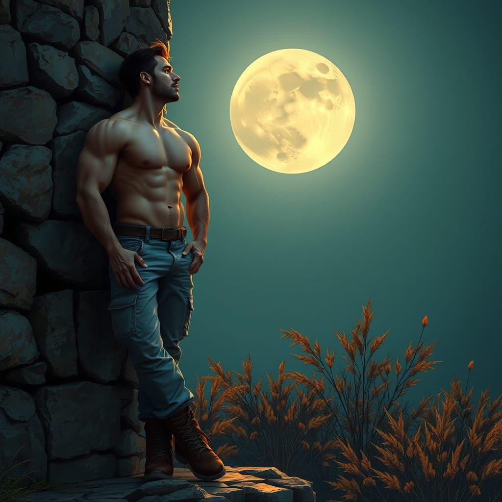 Man Gazing at Moon in Matte Painting Style