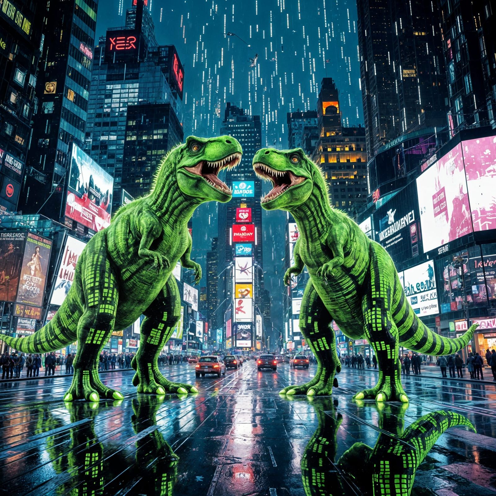 Digital T-Rexes Clash in Glitching Times Square