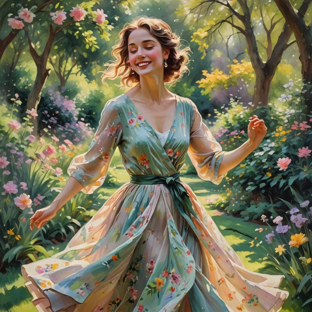 Impressionist Lady Dancing in Lush Garden