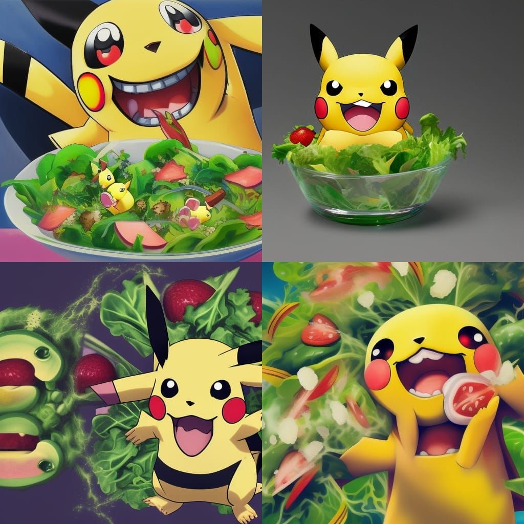 Hyperrealistic Pikachu Laughing While Eating Salad