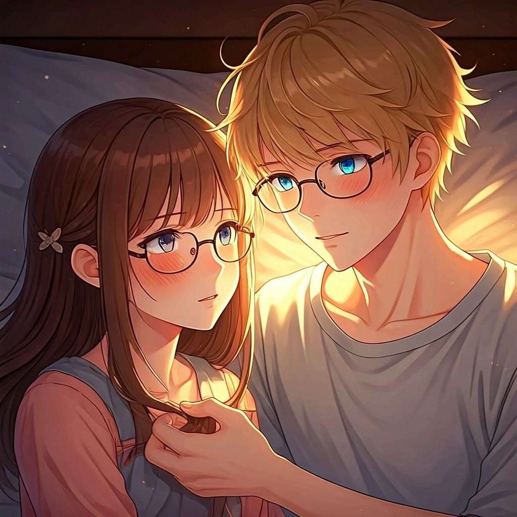Anime Portrait: Girl and Boy in Bed, Golden Light