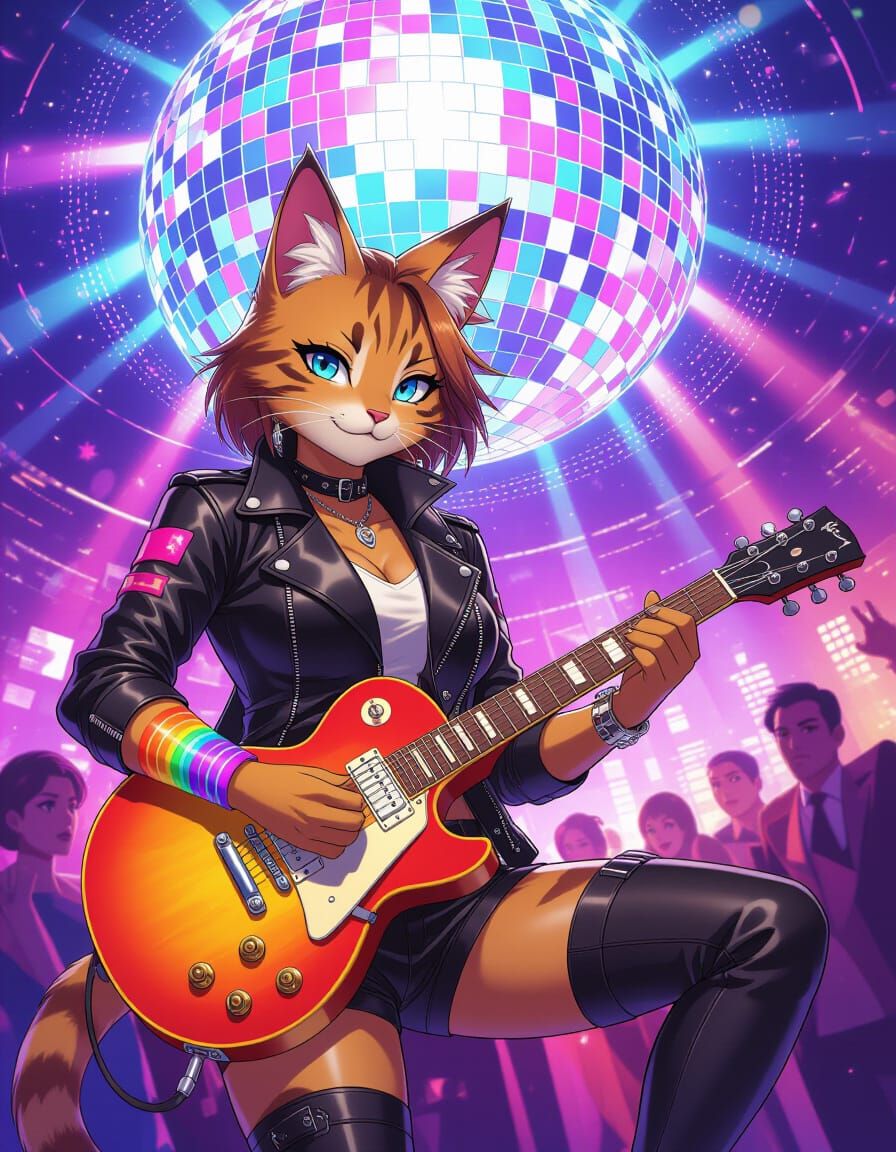 Anime Tabaxi Guitarist in Disco Party