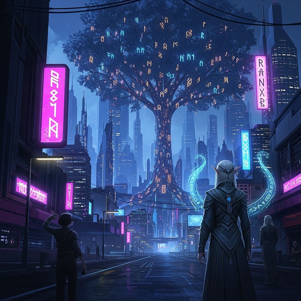 Futuristic Elven City at Night: Magic and Technology