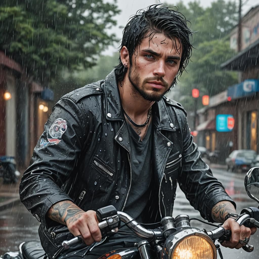 Emo Male on Motorcycle in Rain: Hyperrealistic Portrait