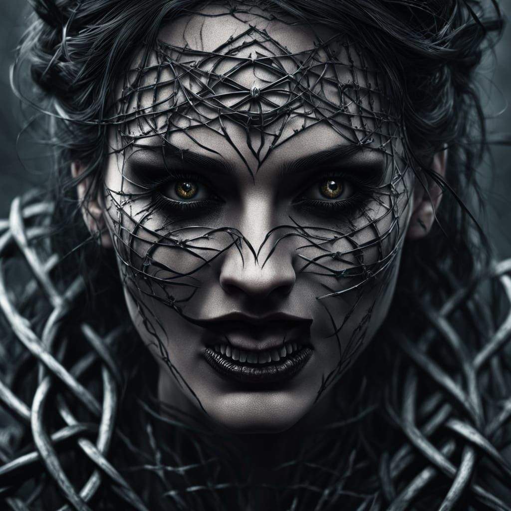 Fierce Woman with Barbed Wire Teeth in Gothic Horror Style