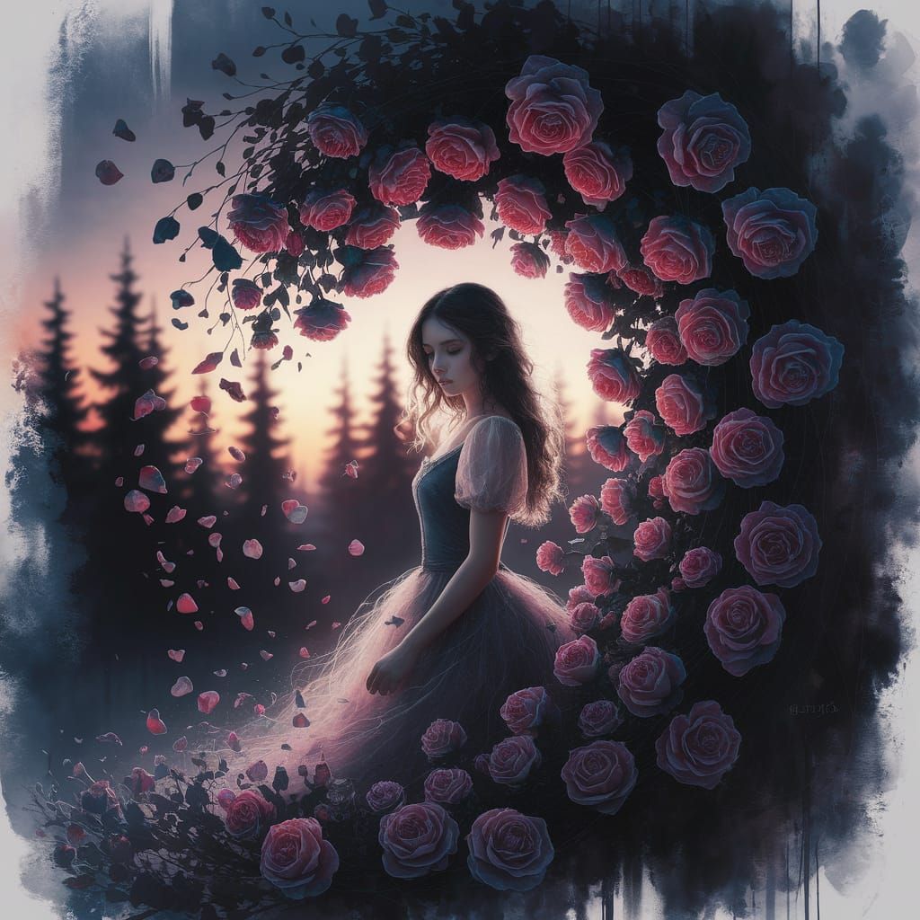 Ethereal Watercolor of Woman Amidst Falling Roses