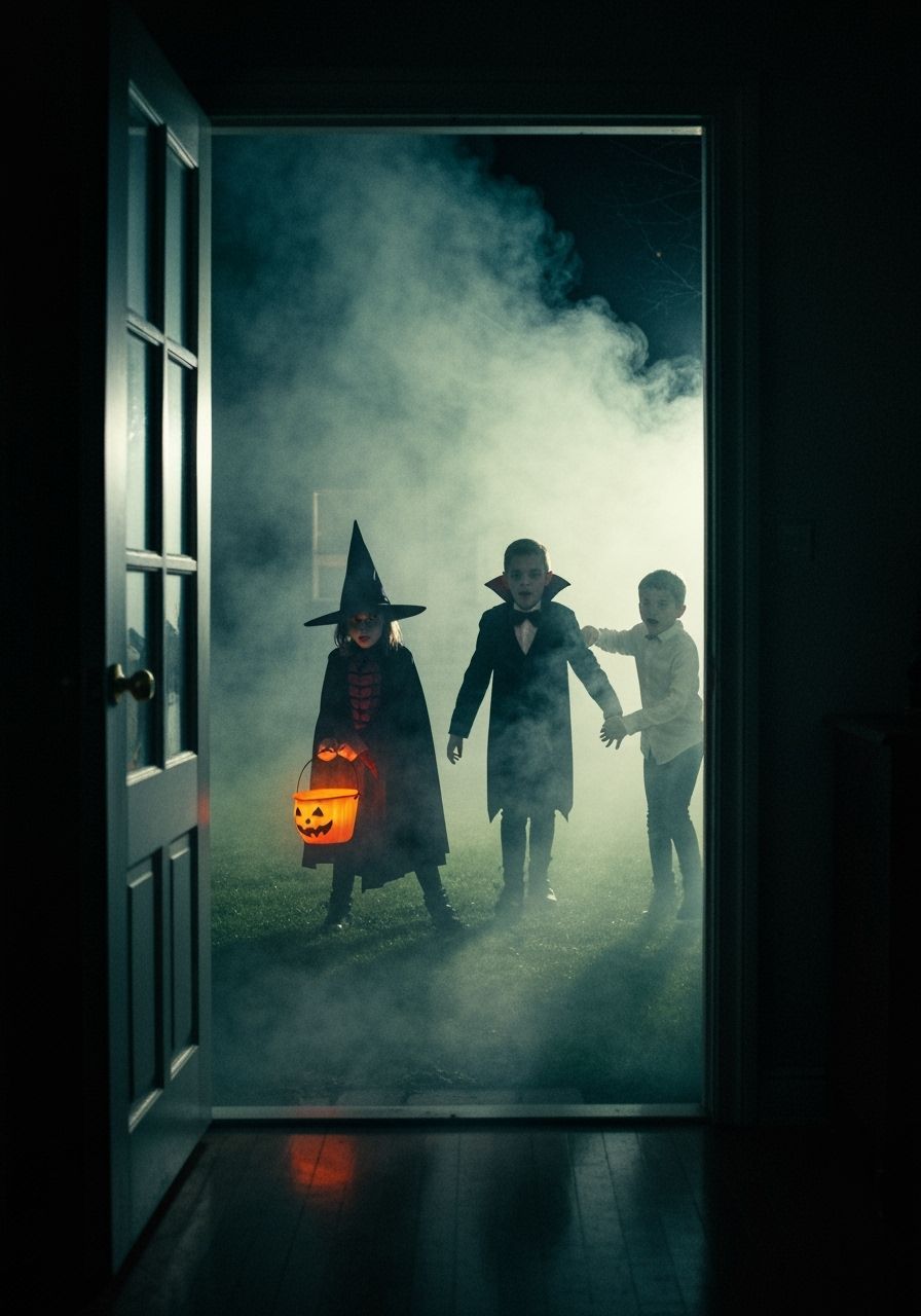 Cinematic Halloween Scene: Children in Eerie Fog