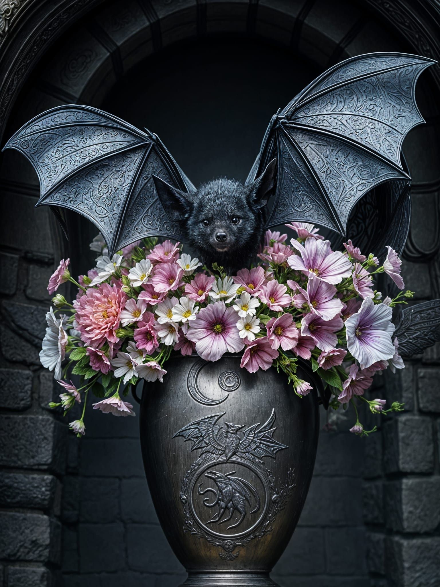 Bat on Silver Urn with Flowers in Stone Chamber