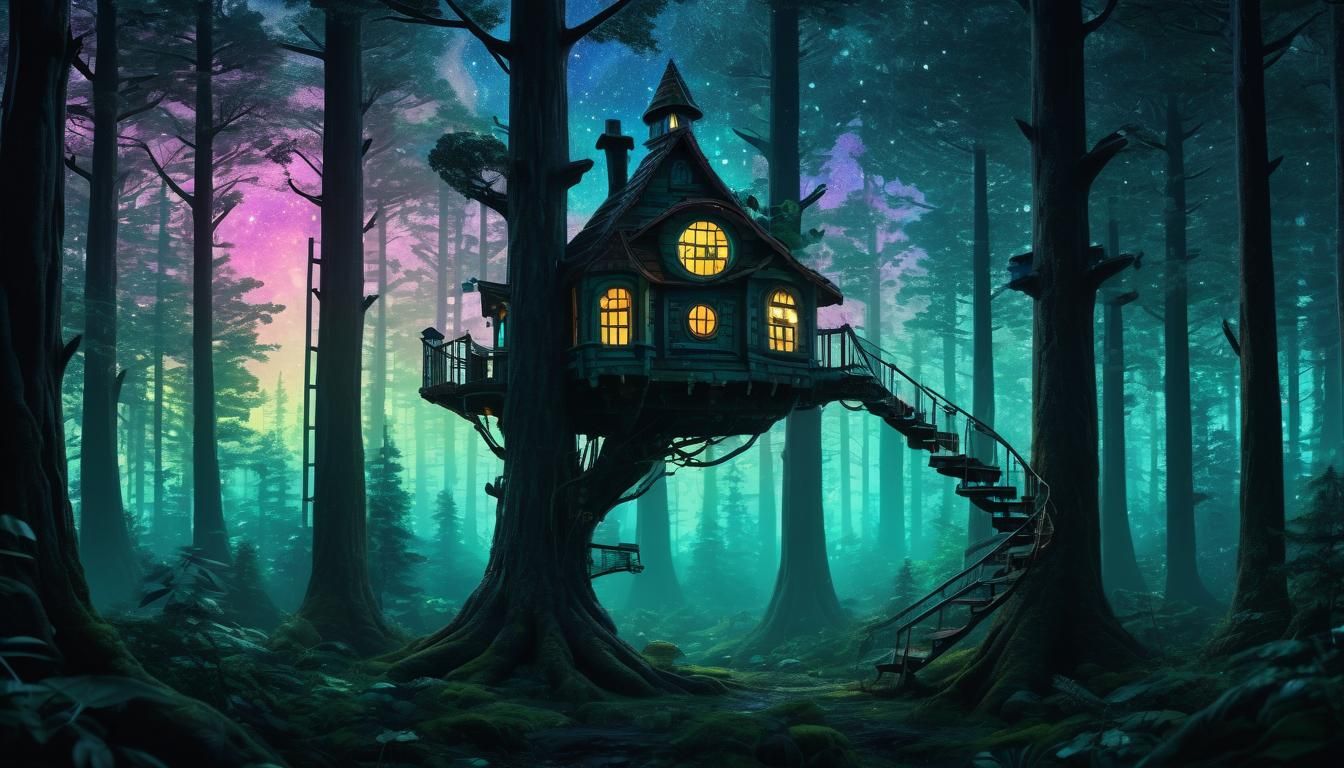 Cosmic Treehouse in Forest, Surreal 3D Rendering