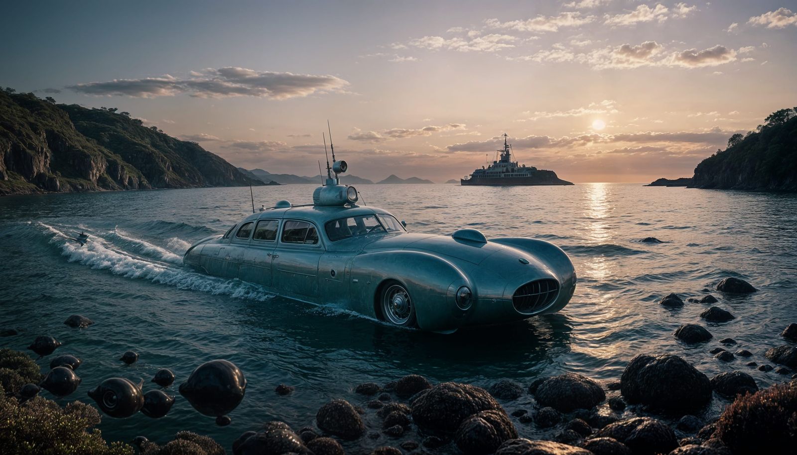 Vintage 1939 Submarine Limousine Speeds Through the Dark Sea...