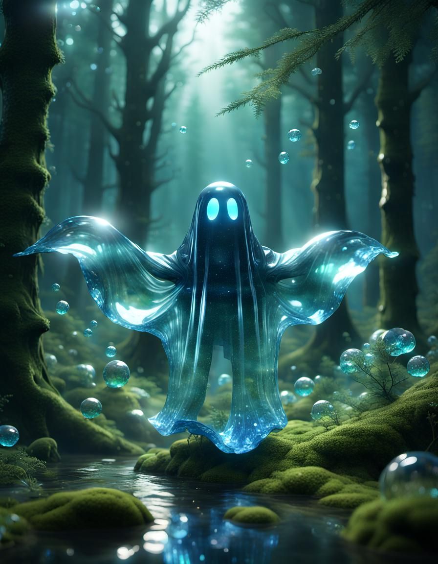 Blue Crystal Ghost Flies Through Forest - 3D Render
