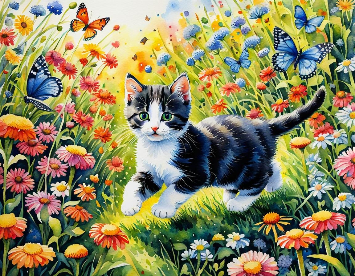 Kitten's Spring Meadow Adventure in Pointillism Style