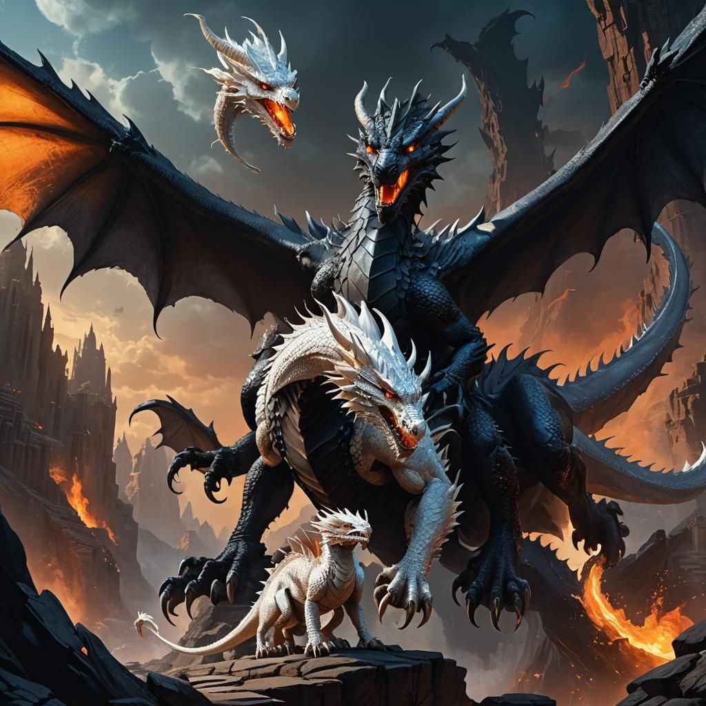 Small White Dragon vs. Large Black Dragons