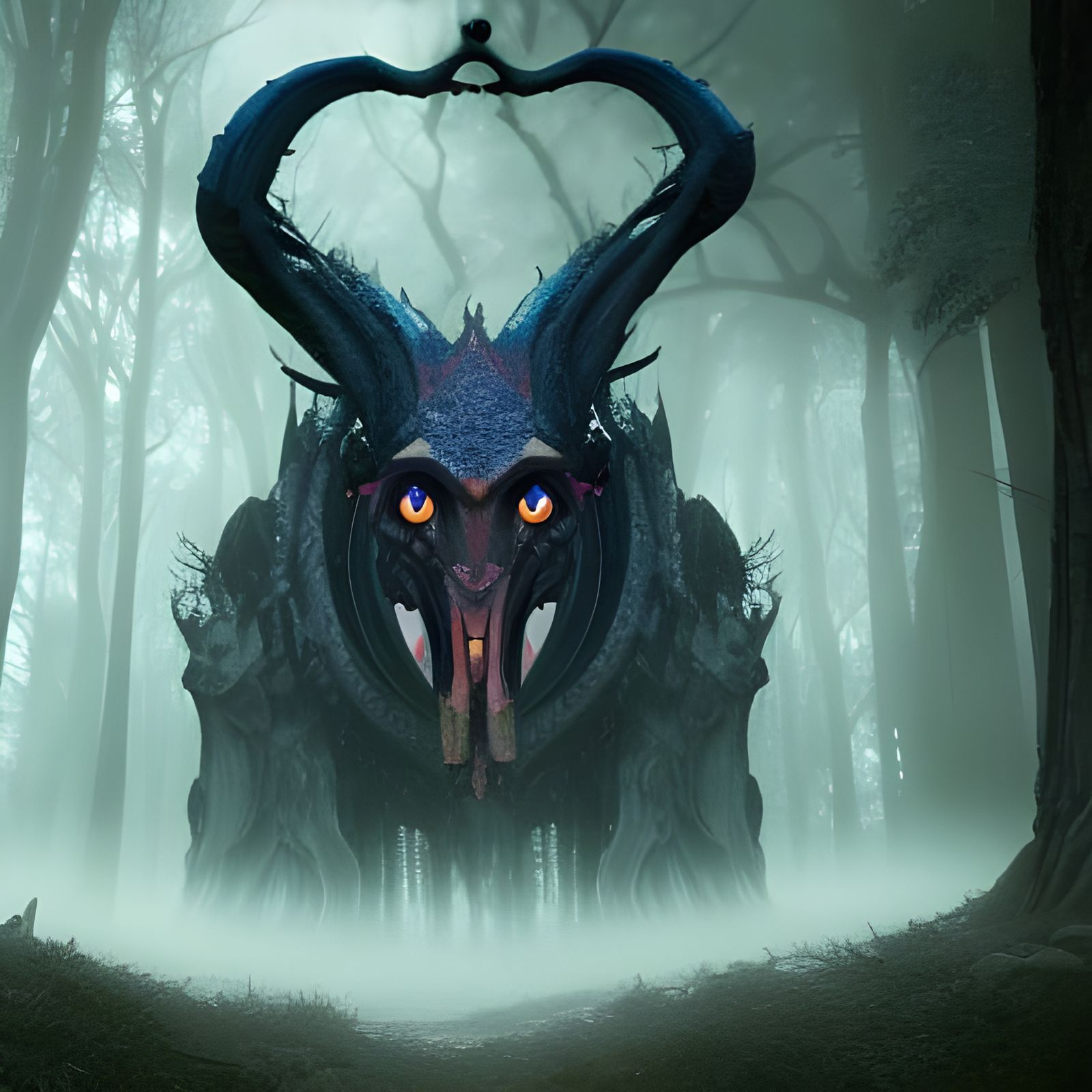 Mystical Yoni Face Emerges from Forest in Detailed Painting