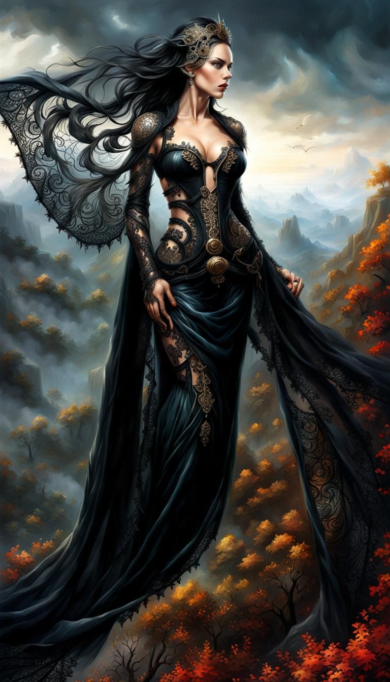 Woman in Black Lace Veil, Detailed Fantasy Art