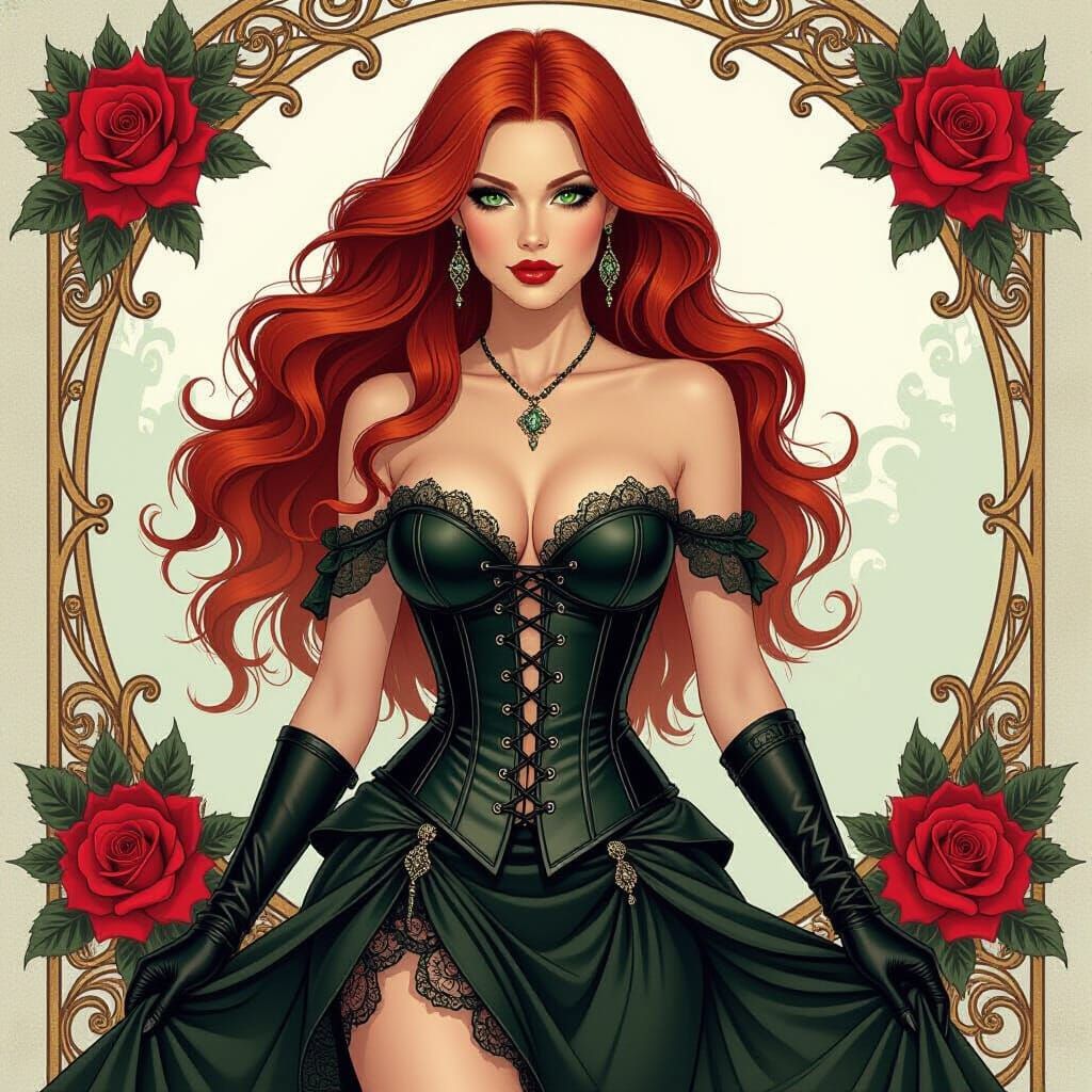 Boho Woman with Red Hair in Art Nouveau Style