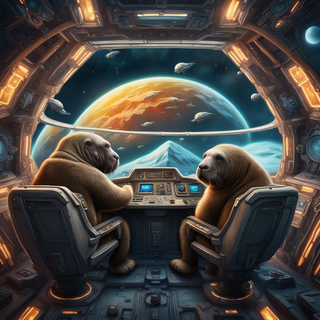 Walruses on Spaceship: Detailed Matte Oil Painting