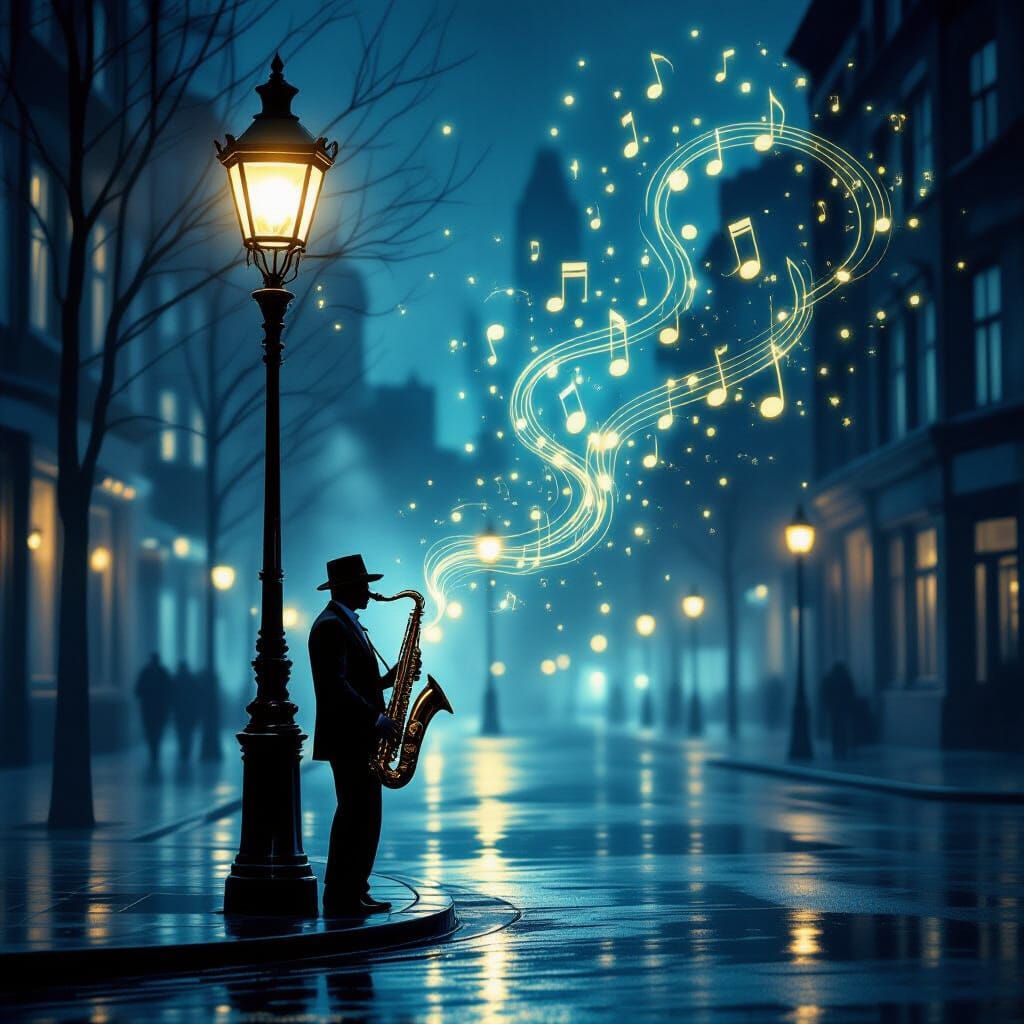 Soulful Saxophonist in Moody Jazz Age Cityscape