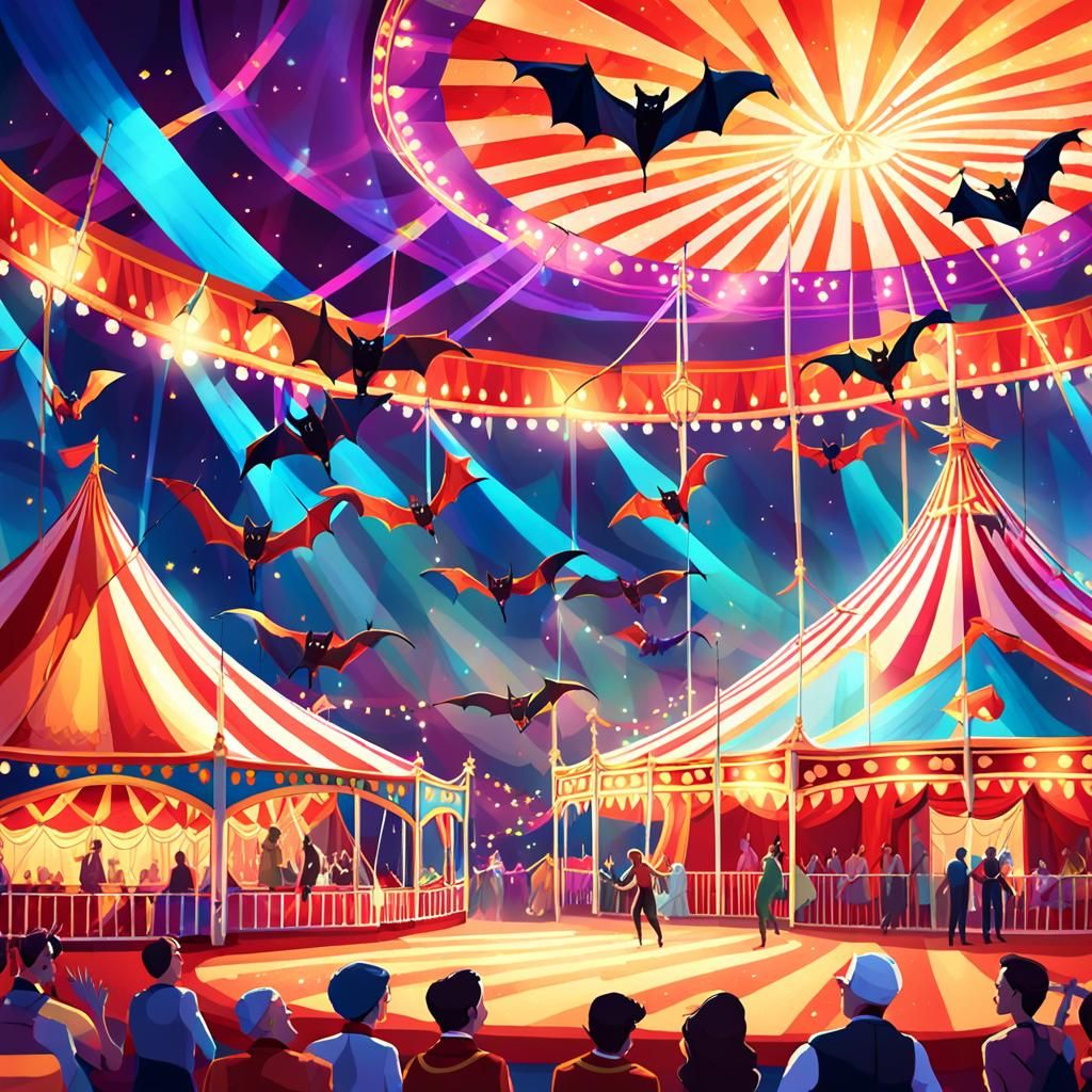 Acrobatic Bats Perform in Vibrant Circus Tent