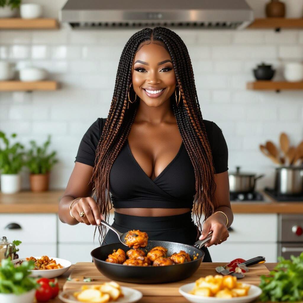 Black Woman Cooking Fried Chicken in Sunlit Kitchen