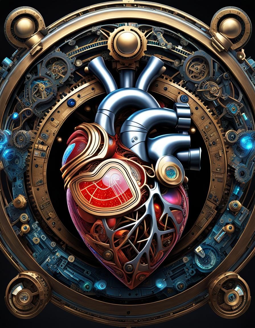 Steampunk Robotic Heart Anatomy with Holographic Details