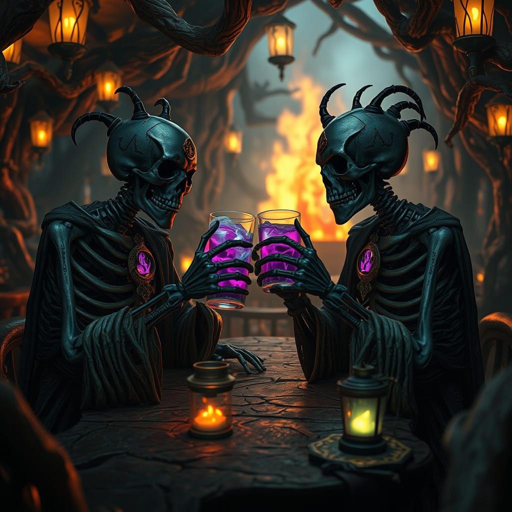 Skeletons Toasting in Mystical Underworld Bar