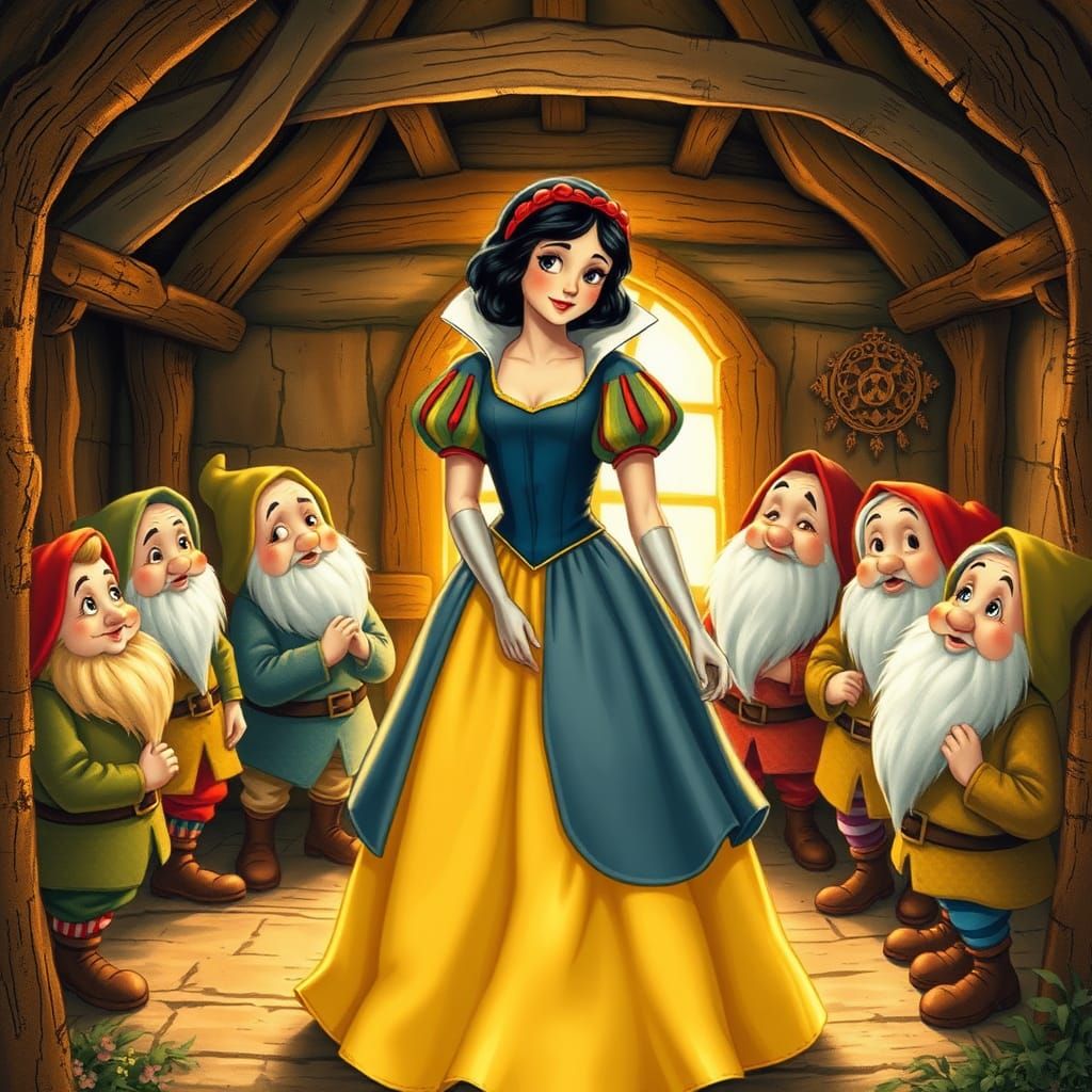 Snow White and the Seven Dwarfs in Cottage