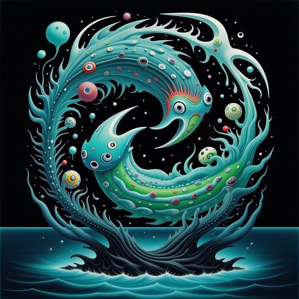 Bioluminescent Deep-Sea Dance in Maximalist Style